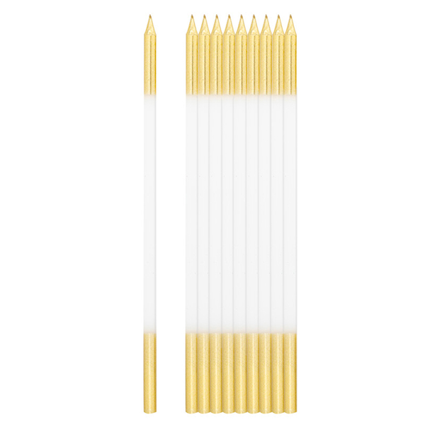 10 Candeline Con Sostegno Bianche e Oro 15 cm