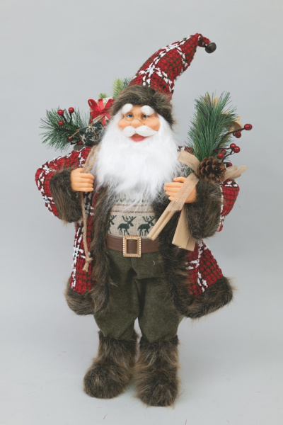 Babbo Natale Verde Pelliccia Marrone e Sci 60 cm