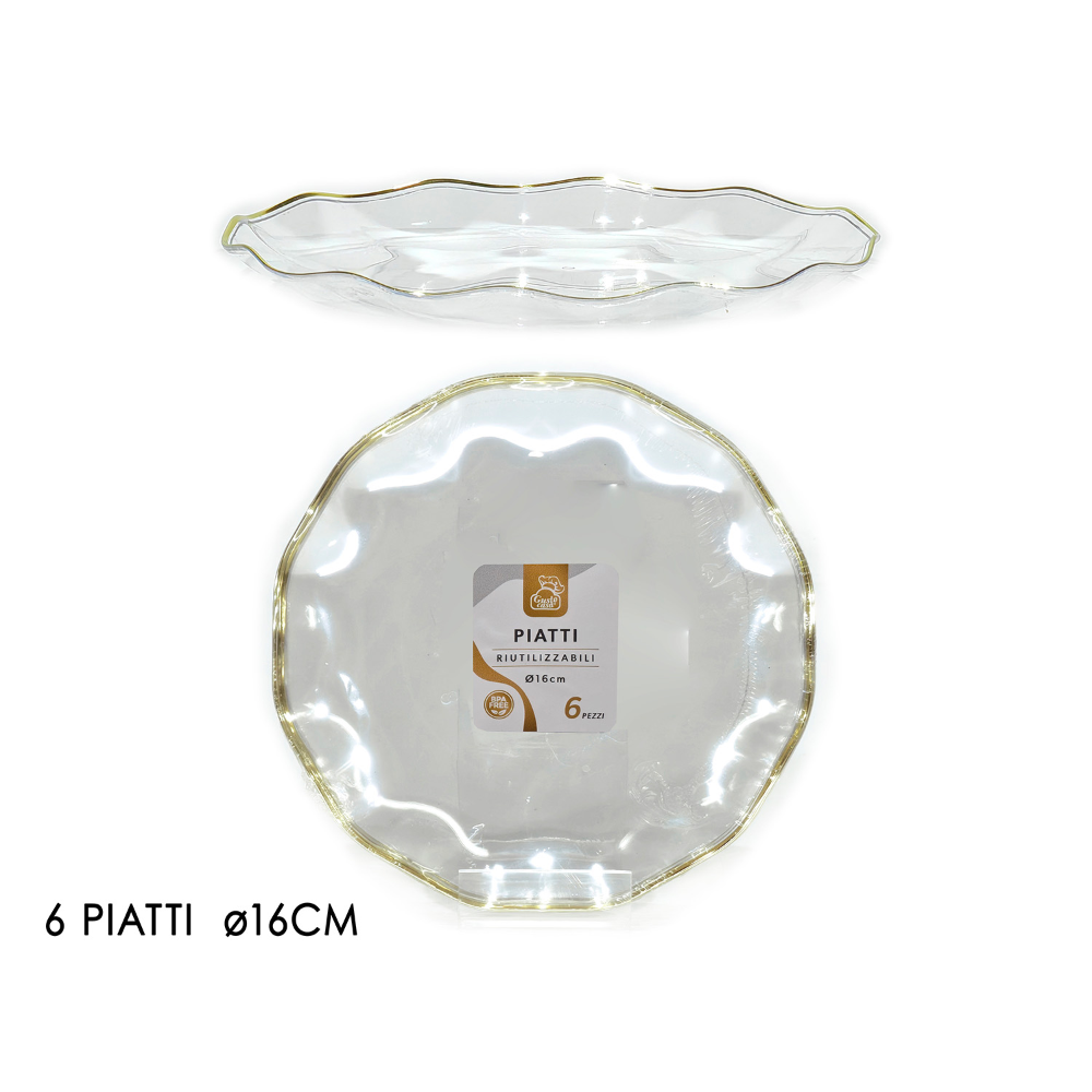 6 Piatti Trasparenti Con Bordo Oro 16 cm