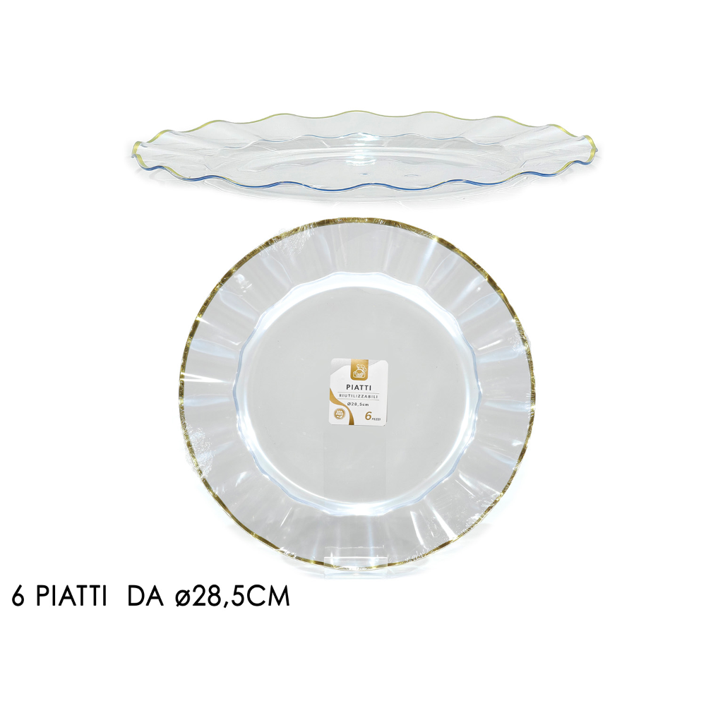 6 Piatti Trasparenti Con Bordo Oro 28 cm