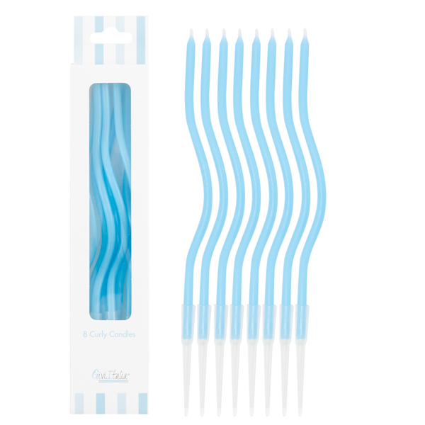 8 Candeline Azzurre Curly Con Sostegni 12.5 cm