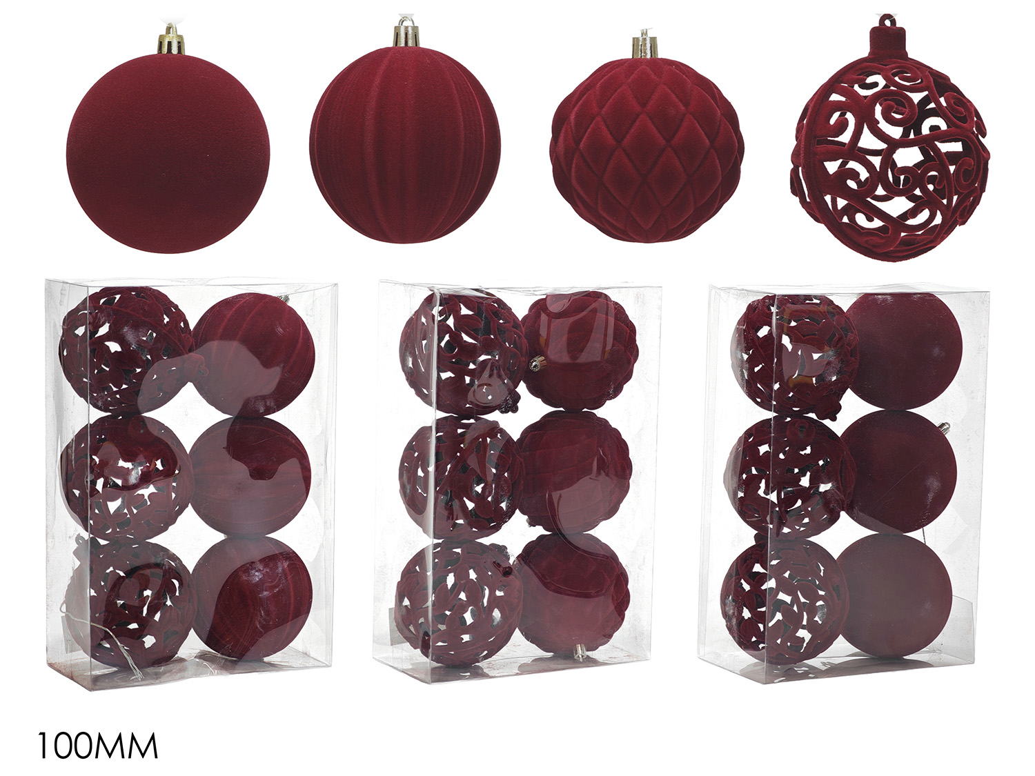 Set 6 Palline Natalizie in Velluto Borgogna 10 cm