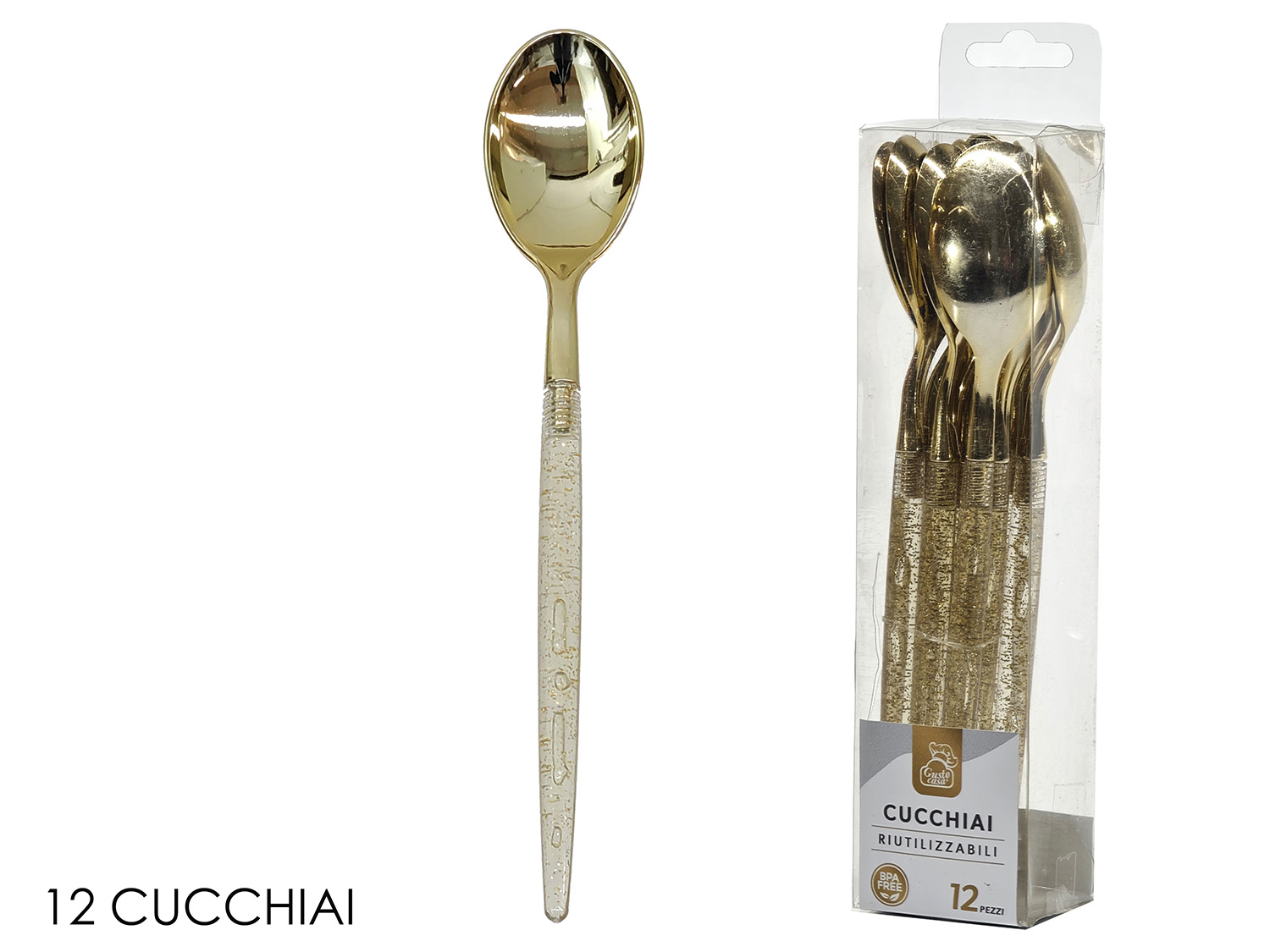 12 Cucchiai Oro Con Glitter 19 cm